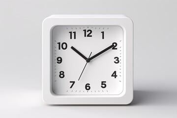 a white square clock with black hands