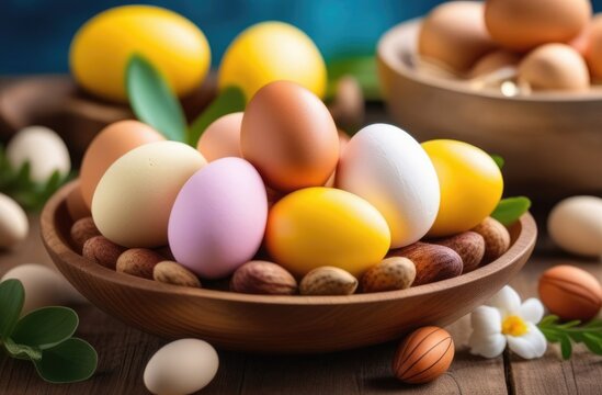 Easter, colorful painted eggs, golden shades, herbs and spring flowers, eggs in a clay plate, wooden table