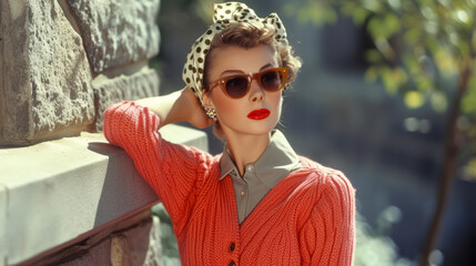 A classic poodle skirt and cropped cardigan combo accessorized with a polka dot headscarf and cat eye sungles taking us back to the 1950s.