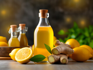 Homemade lemon ginger drink in a glass bottle on kitchen table, blurry bright background 