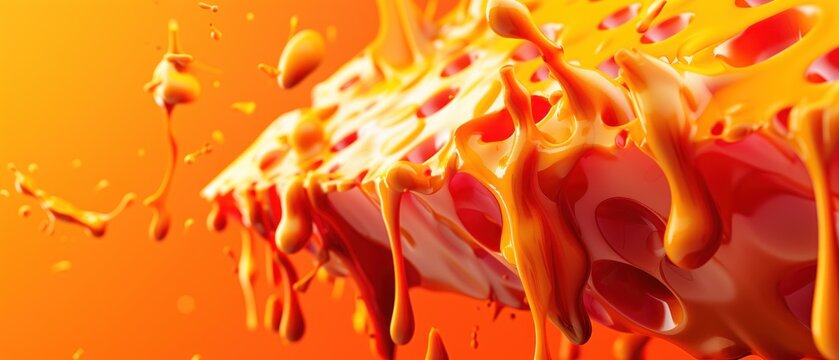 a yellow and red liquid splashing down the side of an orange wall with drops of liquid coming out of it.