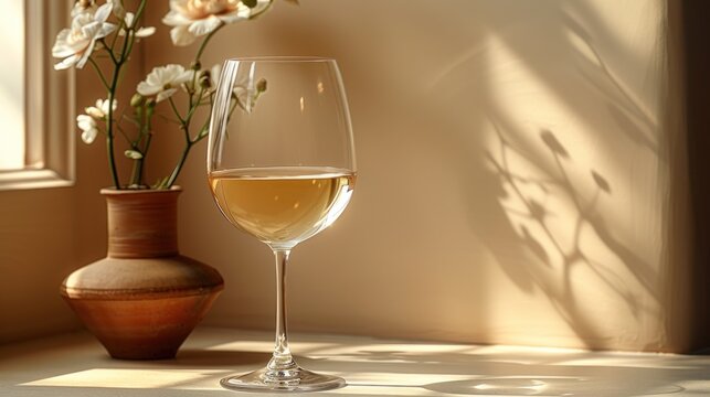 a glass of white wine sitting next to a vase with flowers in it on a table next to a window.