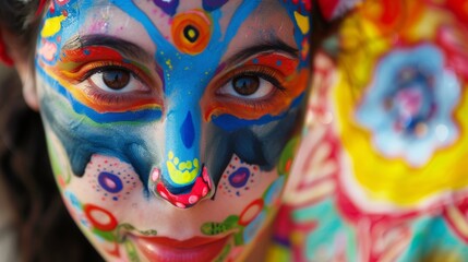 Naklejka premium Vibrant Face Paint Portrait on a Creative Individual AI Generated.