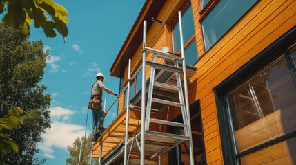 A worker paints the facade of a new wooden house