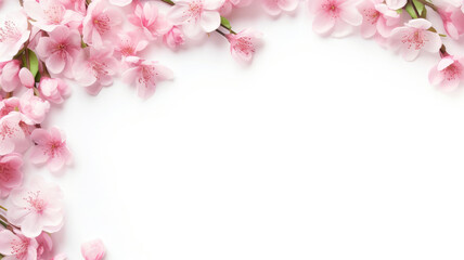 Spring composition of a bouquet of pink sakura flowers, top view with copy space on a white background