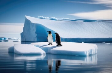 World Penguin Day, two adult penguins on an ice floe, an iceberg in the ocean, a lot of snow
