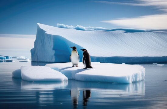World Penguin Day, two adult penguins on an ice floe, an iceberg in the ocean, a lot of snow - Powered by Adobe