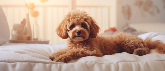 Puppy Lounging on a Soft Bed in a Sunlit Room