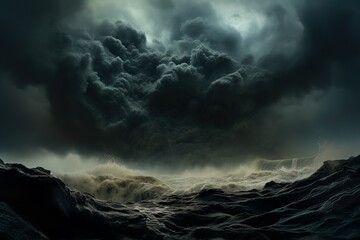 Ominous black clouds and angry waves crash against the rocks.
