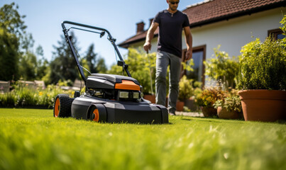 man mowing lawn in front garden with lawn mower