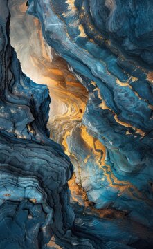 a close up of a rock formation with a blue and yellow substance in the middle of the picture and a yellow substance in the middle of the picture. © Jevjenijs