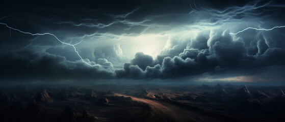 Apocalyptic Landscape with Intense Lightning Storm and Fiery Meteor Shower