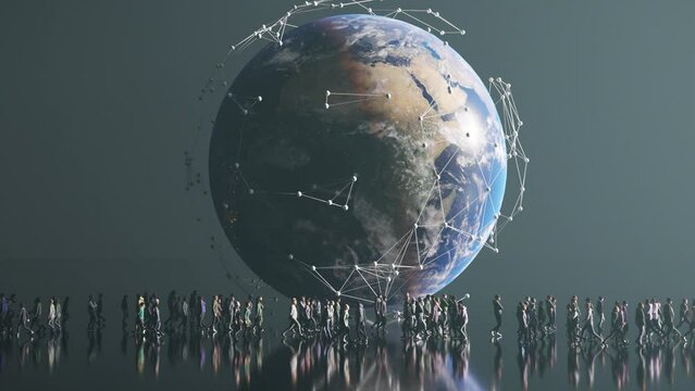 World covered in connections, crowd walking. Concept of globalization, interconnection, global networks, AI, technology, connected planet Earth 