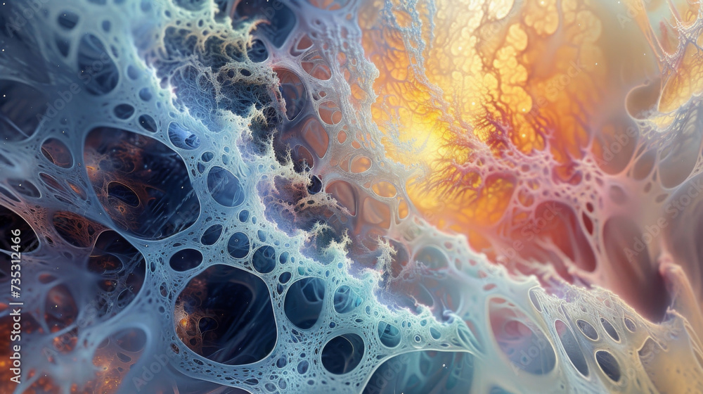 Poster an ethereal display of the crystallization process with delicate strands reaching out and connecting