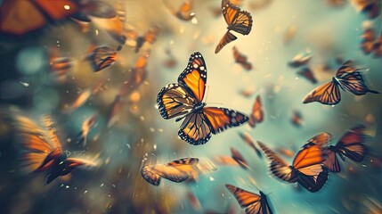 The image captures a vibrant scene filled with monarch butterflies, their orange and black wings spread wide as they flutter through the air, seemingly amidst a gentle flurry. The background is artist
