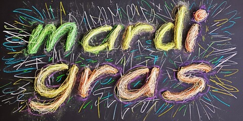 The image displays a creative and festive representation of the phrase "Mardi Gras, " artistically drawn out in a bold and bright chalk on a textured, dark blackboard. Each letter is filled with multi