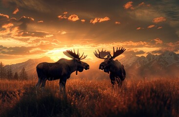 a couple of moose standing next to each other on a lush green field under a cloudy sky with mountains in the background.