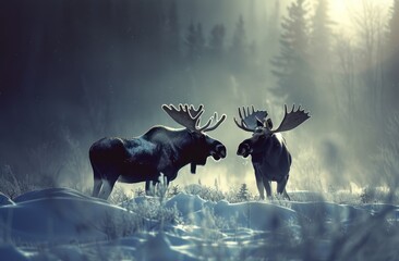 a couple of moose standing next to each other on a snow covered field in front of a forest filled with trees.