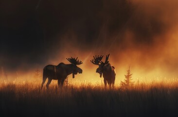 Fototapeta na wymiar two moose standing next to each other in a field of tall grass with the sun shining through the fog behind them.