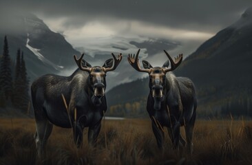two moose standing next to each other on a grass covered field with mountains in the back ground and clouds in the sky.