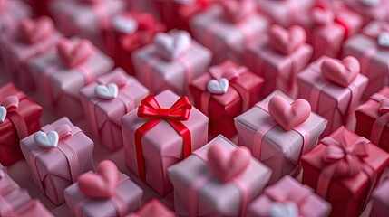 This image features a vast array of small, pink gift boxes, each adorned with a white ribbon or a heart-shaped embellishment. The gifts vary slightly in shades of pink, suggesting depth and variety, w