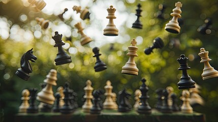 This image features an assortment of black and white chess pieces, seemingly caught in mid-flight above a chessboard, suggesting an intense moment of a chess game. The background is out of focus, with