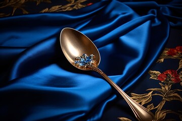 a spoon on a blue cloth