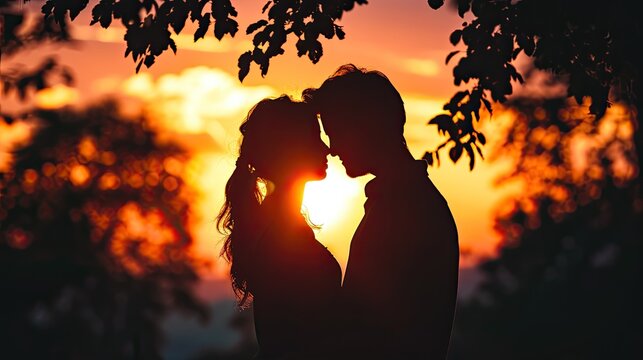 The image captures a silhouette of a couple touching foreheads affectionately under a tree, with the sun setting in the background creating a warm and romantic atmosphere. The sky is painted with hues