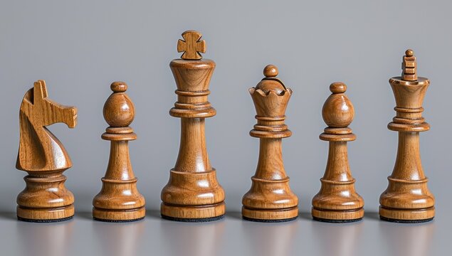 This image showcases a beautiful set of wooden chess pieces, including a knight, a bishop, a queen, a king, a pawn, and a rook, all intricately carved with fine details and polished to a shiny finish.