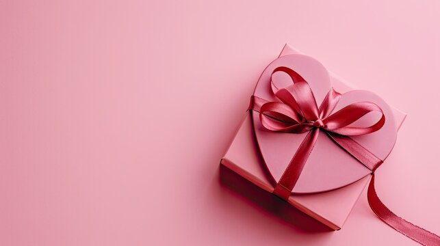 The image showcases a charming heart-shaped gift box in a deep, rich color, neatly tied with a glossy, satin ribbon that forms a bow on top. The box is placed against a soft pink backdrop that provide