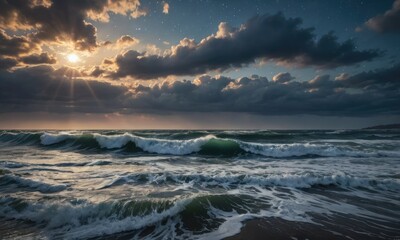 Fototapeta premium Nature's Symphony: Ominous Sky and Huge Waves in a Surreal Starry Night