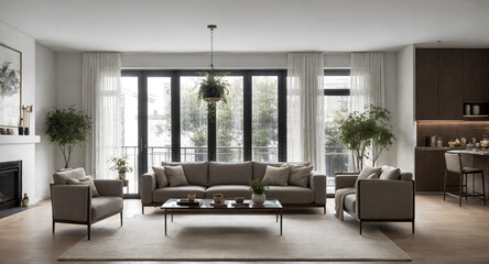 Interior of a white modern cozy living room with kitchen. Living room with sofa, coffee table and interior items