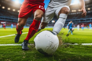 Intense soccer action close-up, players clash over ball, energy and agility on the vibrant green pitch. Soccer players in mid-match duel, momentum frozen, dynamic burst of activity on the grassy field