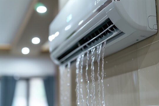 A close-up view of water cascading from an air conditioning unit, indicating a malfunction or leak, set against a blurred interior backdrop