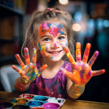 the little girl shows her hands with a palette of colors on her fingers and face