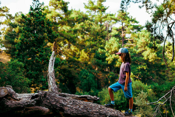 Naklejka na ściany i meble boy walks on top of a fallen tree in the forest. Children's leisure, a happy child climbs a tree and has fun.