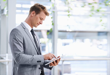 Businessman, news or tablet for research on social media, internet or website in a digital agency....