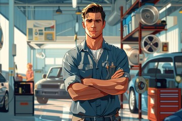 Visualize a confident and charismatic male auto mechanic at work in a car service center, showcasing his competence and poise. - obrazy, fototapety, plakaty