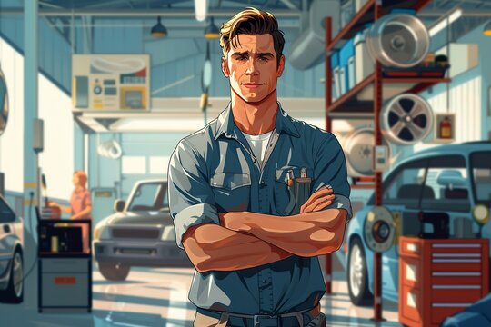 Visualize a confident and charismatic male auto mechanic at work in a car service center, showcasing his competence and poise.