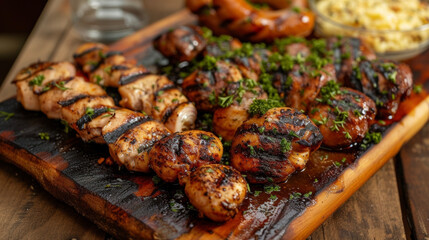 Tender chicken thighs perfectly charred and seasoned with traditional Brazilian es served alongside hot and smoky pork sausage slices. - obrazy, fototapety, plakaty