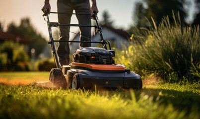 person mowing grass with an orange lawn mower