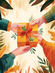 The illustration showcases a top-down view of four hands, with sleeves indicating diverse clothing styles, coming together to exchange a brightly colored gift with an ornate bow. The background is ado