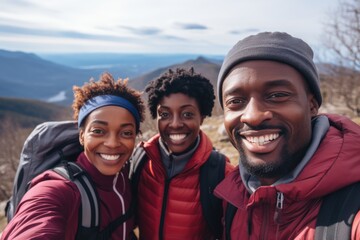 Smiling portrait of a african american family hiking in the mountains
