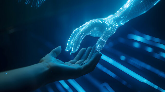 Contact between a cyber hand hand a human hand - Technologies and artificial intelligence concept