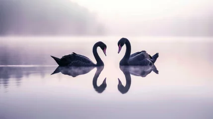 Foto op Aluminium Serene Black Swans on Tranquil Lake with Mist AI Generated. © AnimalAI