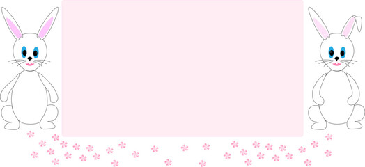 Two cute Easter bunnies with blue eyes and pink ears are sitting near the pink background for your text , pink cherry blossoms are scattered down