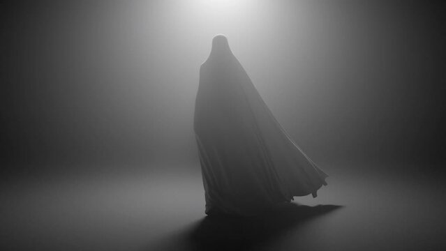 Person in robe, ghost figure, ghostly silhouette, cloth in wind, creepy figure 