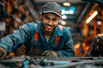 Visualize a confident and charismatic male auto mechanic at work in a car service center, showcasing his competence and poise.