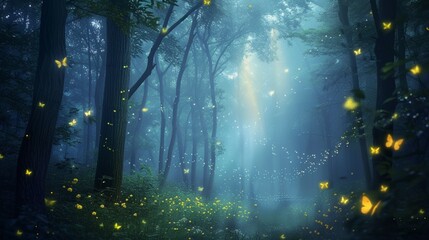 A serene forest glade at twilight, with fireflies dancing among the trees and the first stars beginning to appear in the sky. The air is filled with the soft chirping of crickets and the  - obrazy, fototapety, plakaty