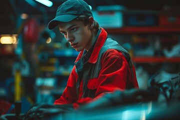 Visualize a confident and charismatic male auto mechanic at work in a car service center, showcasing his competence and poise.